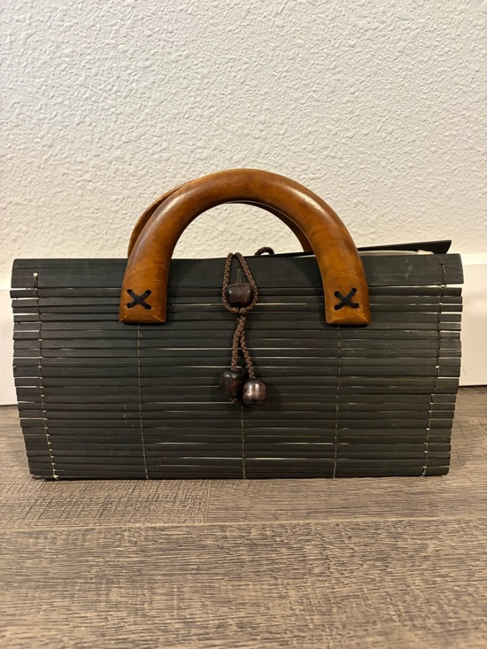 Handbags - Y2K Woven Bamboo Handbag with Brown Wooden Handles